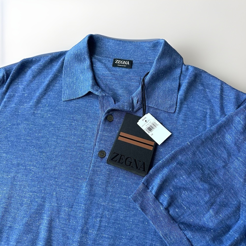 Zegna Knit Polo Shirt Sweater Sz 58 US 3XL Blue Cashmere Silk Blend Short NWT